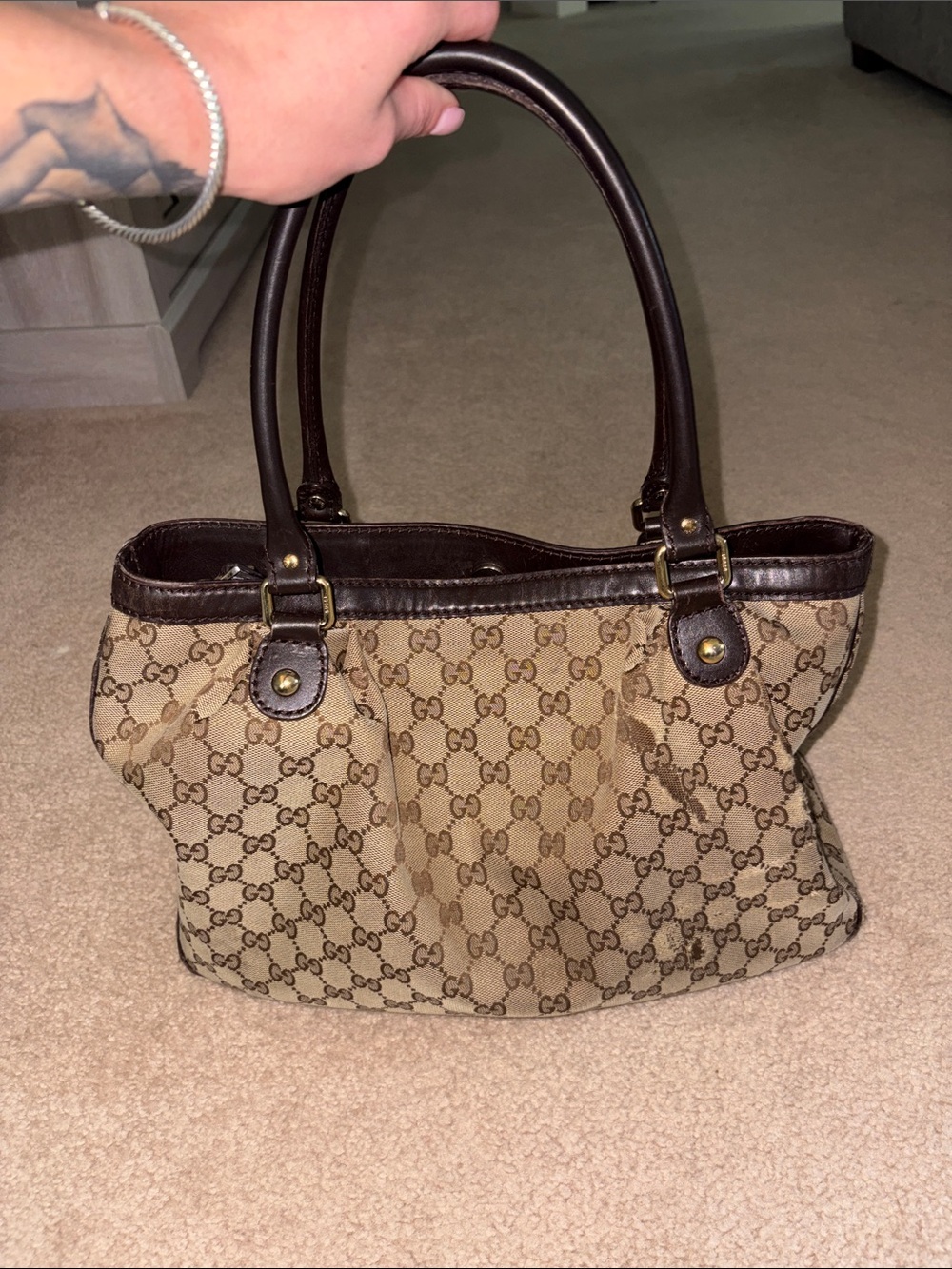 Gucci Beige GG Canvas Shoulder Bag with Brown Trim and Gold Charm - Picture 2 of 15